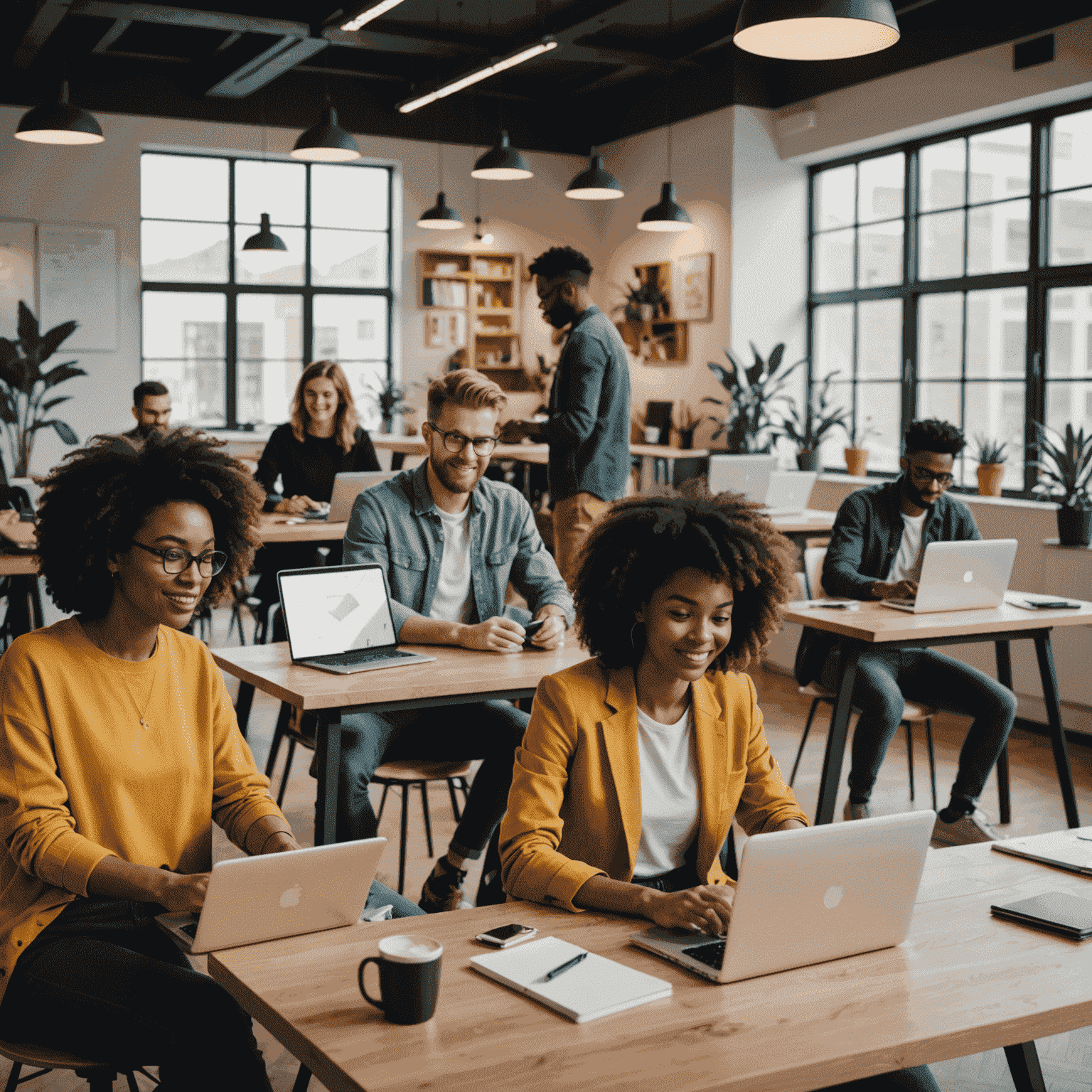 Equipo diverso de Trabajo_en_línea trabajando en un espacio de coworking moderno, utilizando laptops y dispositivos móviles, con una atmósfera colaborativa y energética