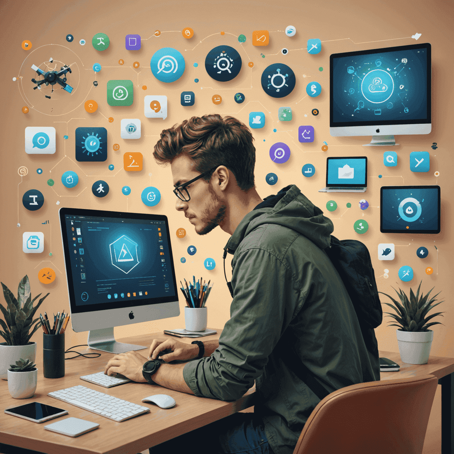 Imagen de un freelancer joven sentado frente a su computadora, rodeado de iconos que representan diferentes habilidades y herramientas digitales