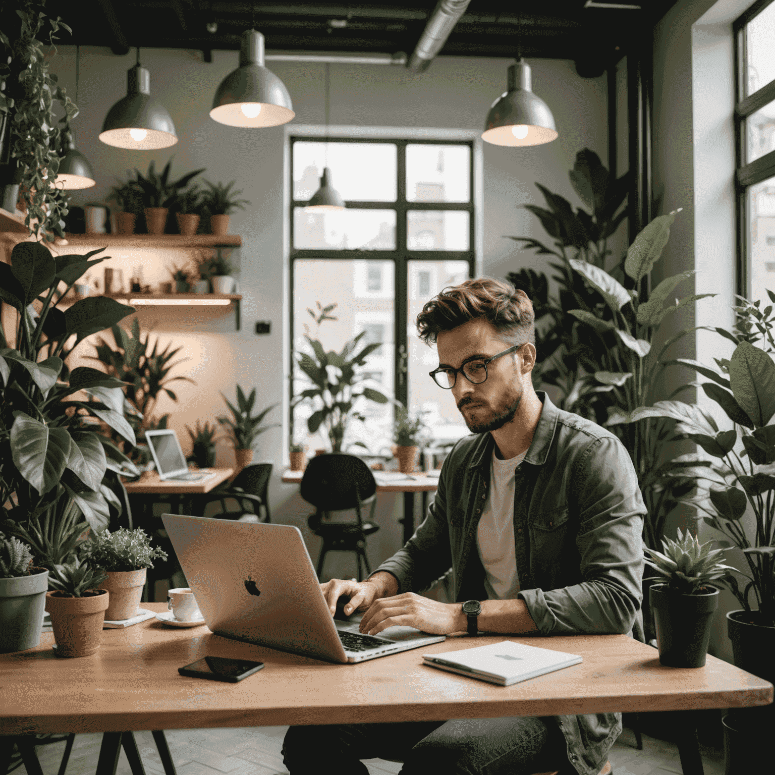 Profesional freelance trabajando en su computadora portátil en un espacio de coworking moderno, rodeado de plantas y con una taza de café cerca