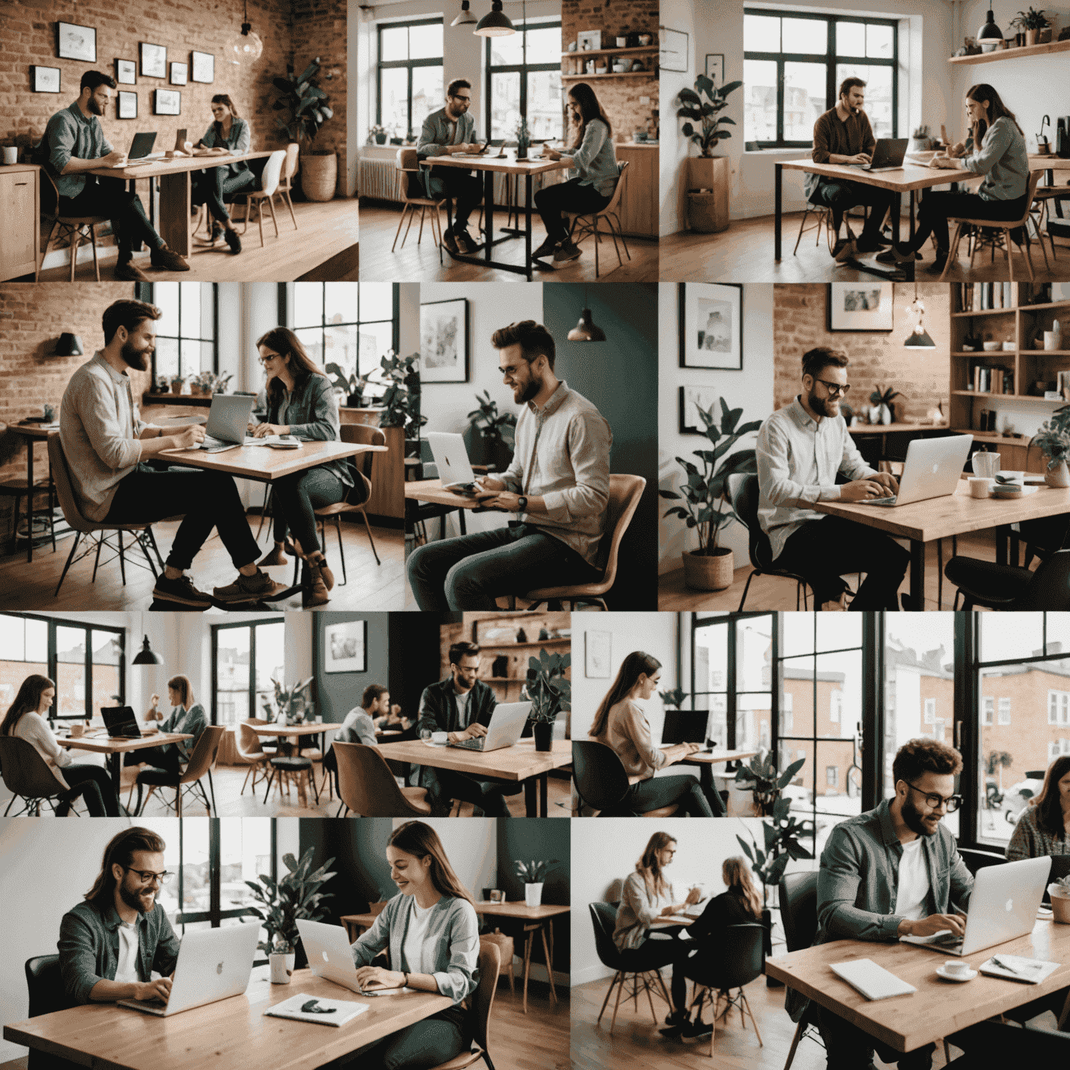 Collage de personas trabajando remotamente desde diferentes lugares como cafeterías, hogares y espacios de coworking, utilizando laptops y dispositivos móviles