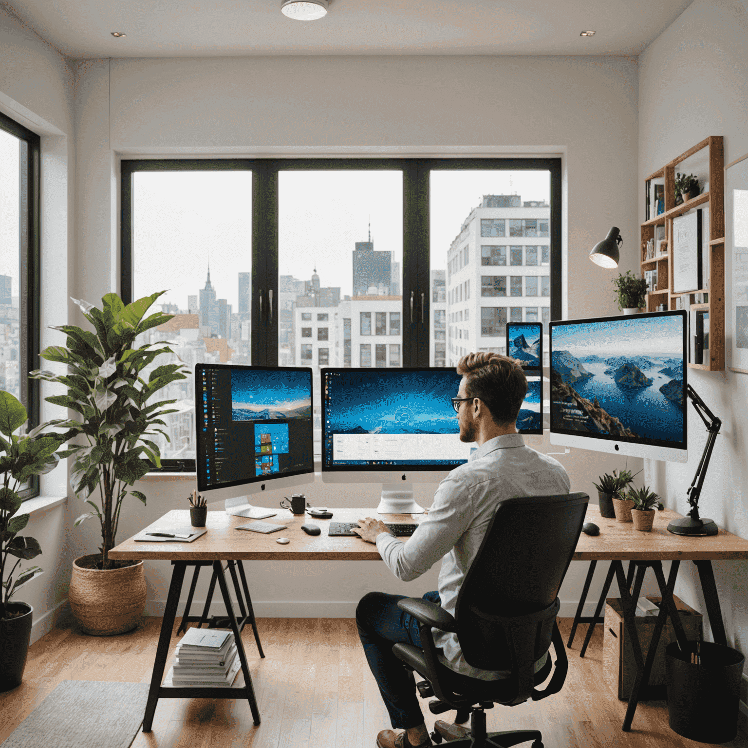 Profesional trabajando remotamente en un espacio de trabajo moderno y organizado, con múltiples pantallas y herramientas de comunicación digital