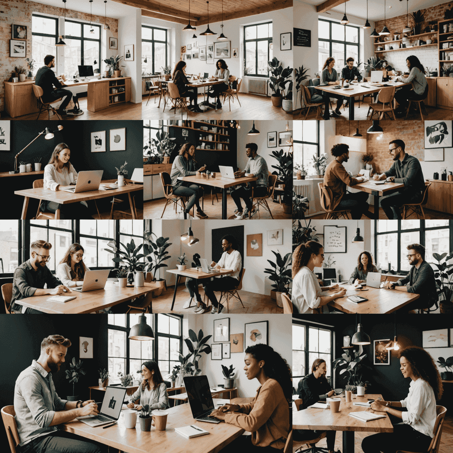 Collage de freelancers exitosos trabajando en diversos entornos: cafeterías, oficinas en casa y espacios de coworking, mostrando la diversidad y flexibilidad del trabajo freelance