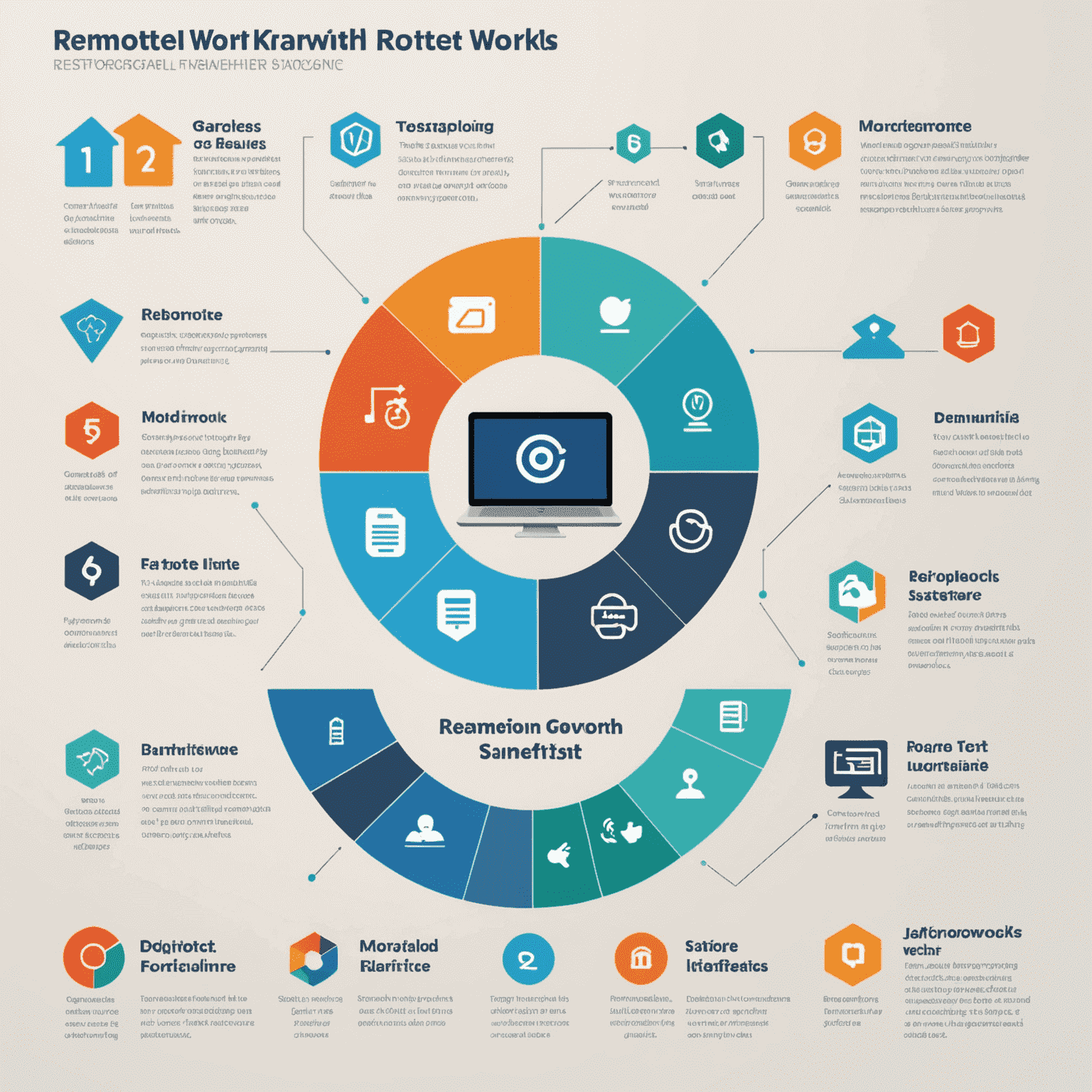 Infografía mostrando estadísticas de crecimiento del trabajo remoto, con iconos representando las diferentes plataformas mencionadas y sus características principales