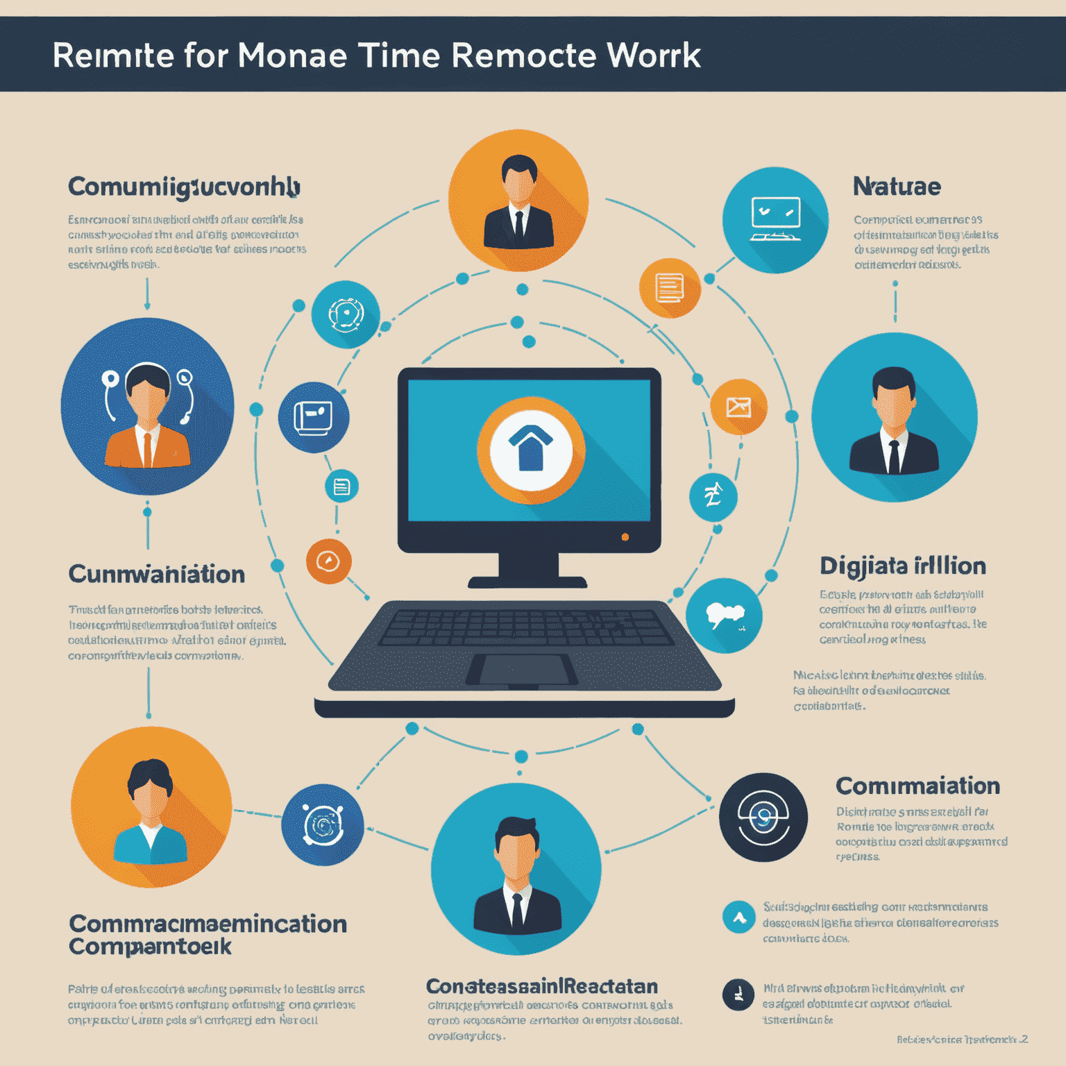 Infografía mostrando iconos de habilidades clave para el trabajo remoto, como comunicación, gestión del tiempo y competencia digital