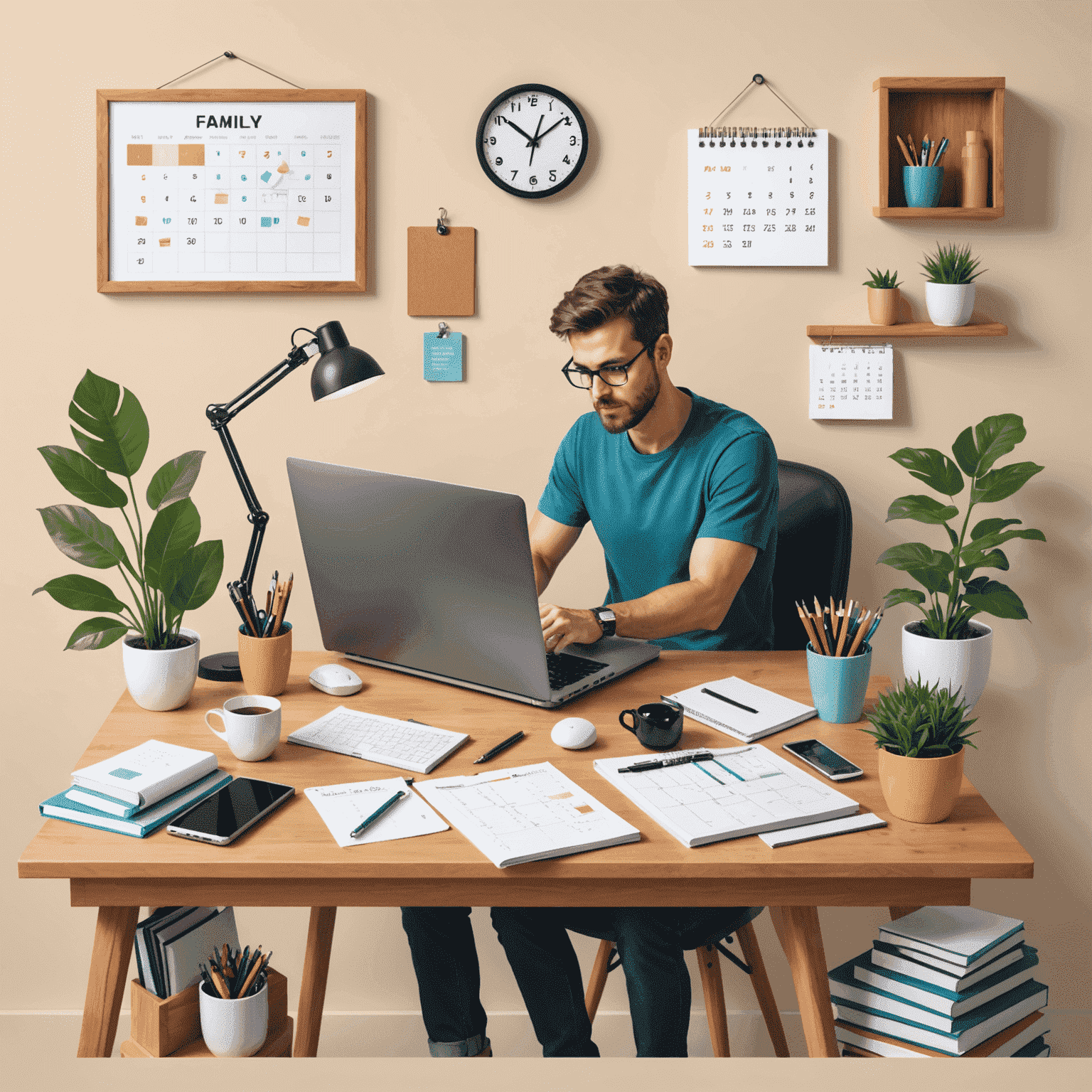 Ilustración de una persona trabajando en casa, con elementos que representan el trabajo (laptop, calendario) y la vida personal (familia, hobbies) en perfecto equilibrio